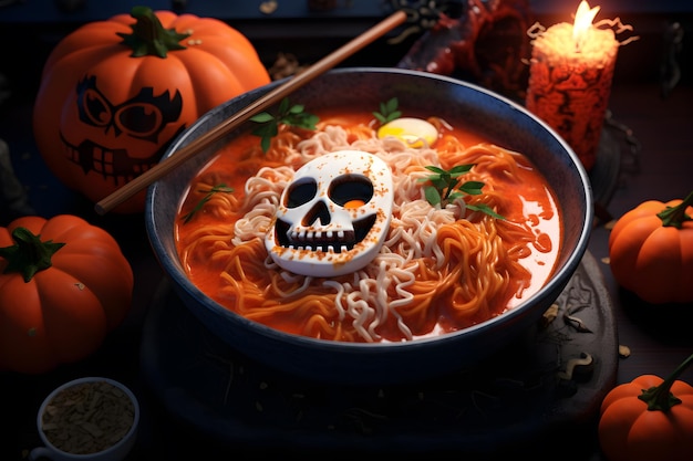 Pittige ramen in een zwarte kom versierd met kwaadaardige spookpompoenen met Halloween