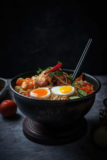 Pittige ramen met stokjes en een kom noodles Generative AI