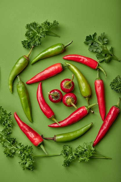 Pittige rode hete chili peper en groen op groene achtergrond op cirkel Kopieer ruimte voor tekst Bovenaanzicht of plat lag Groep rode paprika's geïsoleerd op groene achtergrond