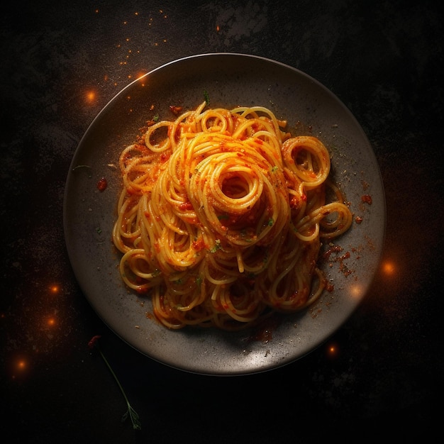pittige spaghetti op plaat bovenaanzicht