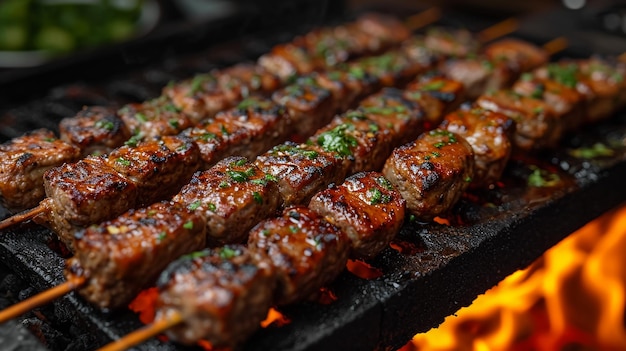 Pittige spareribs, diverse groenten en kipdrumsticks grillen op een draagbare barbecue buiten in een lenteweide met paardebloemen in panoramaformaat