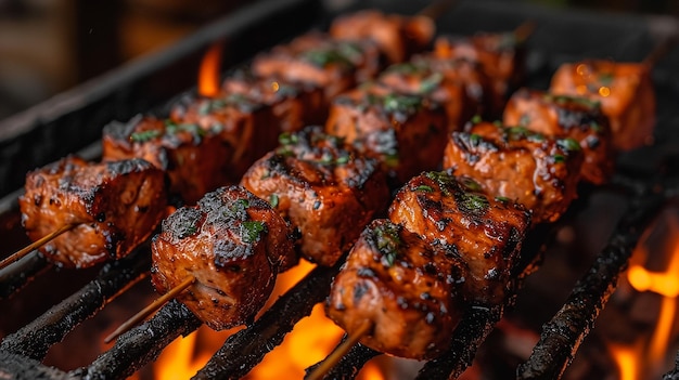 Pittige spareribs, diverse groenten en kipdrumsticks grillen op een draagbare barbecue buiten in een lenteweide met paardebloemen in panoramaformaat