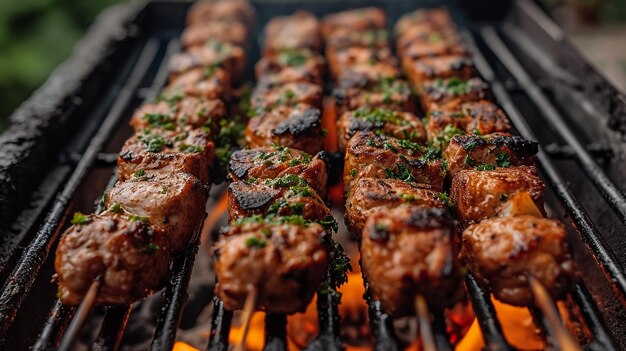 Pittige spareribs, diverse groenten en kipdrumsticks grillen op een draagbare barbecue buiten in een lenteweide met paardebloemen in panoramaformaat