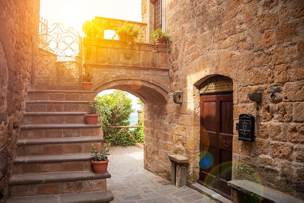 Pittoresk gebouw in de middeleeuwse stad in Toscane, Italië Oude stenen muren en planten