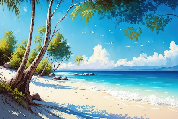 Pittoreske tropische kust met wit zand Blauwe zee op hete middag Prachtig paradijsstrand Palmbomen Warme oceaan Kopieerruimte Generatieve AI Illustratie