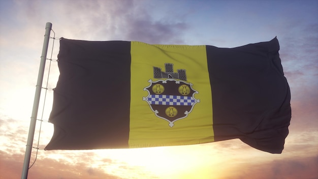 Pittsburgh city flag, Pennsylvania, waving in the wind, sky and sun background. 3d rendering