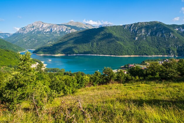 Piva Lake Pivsko Jezero and Pluzine town view in Montenegro