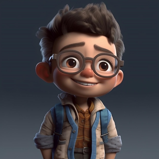 Pixar 3d render stripfiguur van een jongen met een bril en schooltas 3d render student karakter