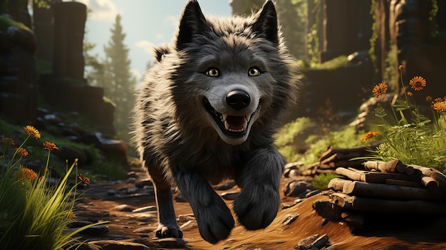 Photo pixar animation cartoon gray wolf and black wolf