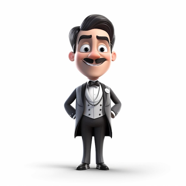 Pixar cartoon cute friendly healthy cute elegant little butler on white background