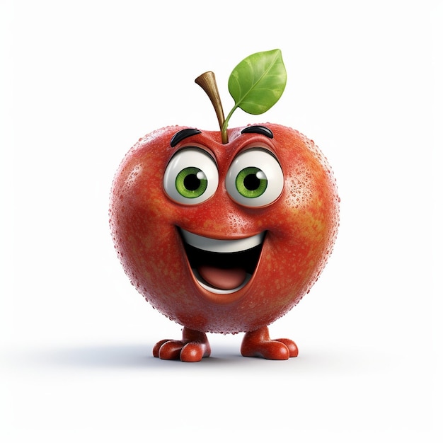 Pixar cartoon cute friendly healthy little apple smiling on white background