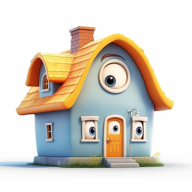Pixar cartoon cute funny friendly healthy little old house white background