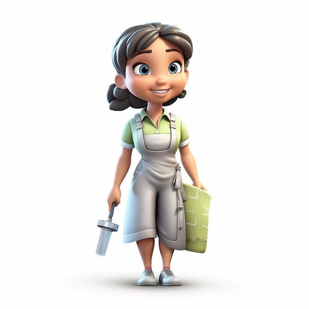 Pixar cartoon friendly healthy cute little housemaid dark hair on white background