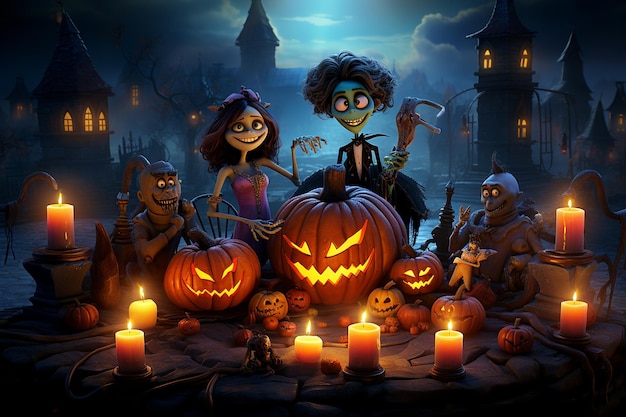 pixar cartoon style halloween scene