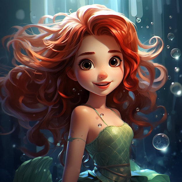 Pixar cartoon style little pretty mermaid