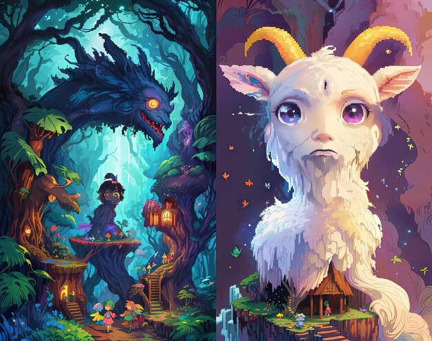 Pixel adventure enchanting cover for children's book set in dark forests