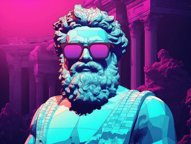 pixel art 8 bit style 3D of portrait ancient Greek GOD statue wear sunglasses and laptop