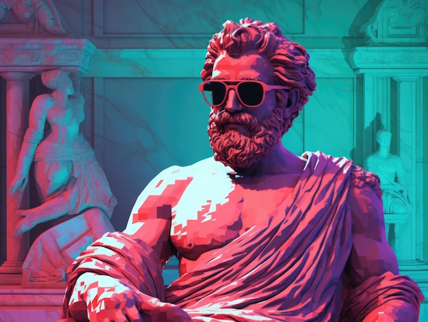 Photo pixel art 8 bit style 3d of portrait ancient greek god statue wear sunglasses and laptop