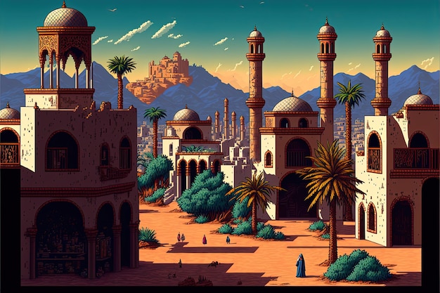 Photo pixel art ancient arabic city in the desert with buildings and palm trees background 8 bit game ai