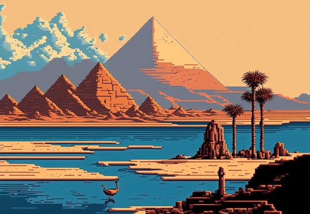 Фото Пиксельное искусство древнего египта с пирамидами и памятниками в стиле ретро для 8-битной игры ai