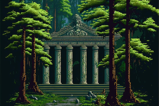 Pixel art ancient temple in the forest temple ruins background in retro style for 8 bit game AI