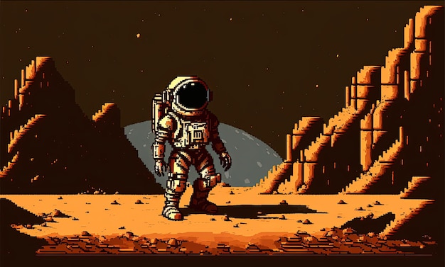 Pixel art astronaut on the planet mars background in retro style for 8 bit game Generative AI