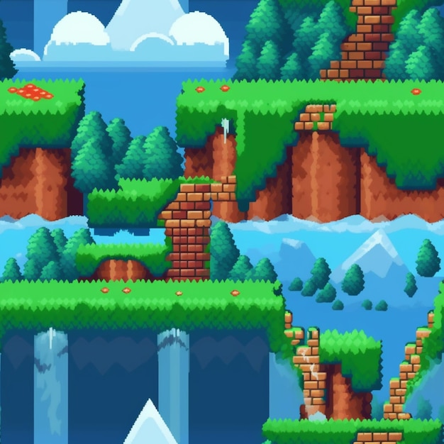 Pixel art background with a mountain and a bridge