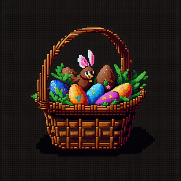 Фото Пиксельная корзина с пасхальными яйцами на черном фоне объект в ретро-стиле для 8-битной игры ai