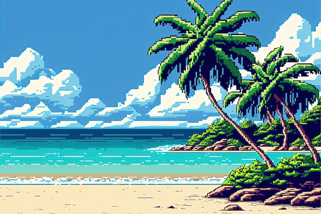 Pixel art beach with coconut trees and clouds in the sky background in retro style for 8 bit game ai