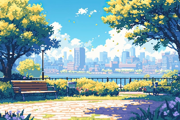pixel art of bench in the park with city skyline in background flowers and trees