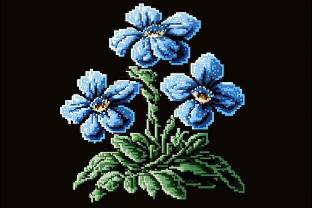 Pixel art blue flowers flower in retro style for 8 bit game Generative AI