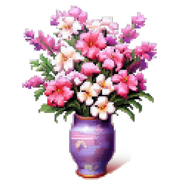 Pixel art of a bouquet of flowers in a vase