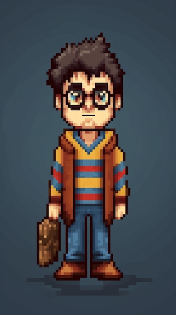 Pixel art of a boy with a briefcase in his hand.