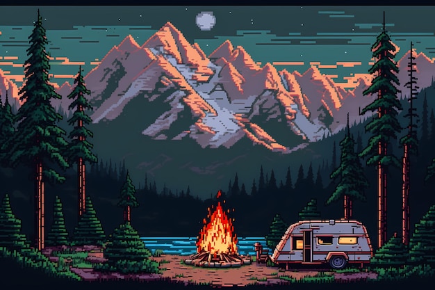 Photo pixel art camping in mountain background