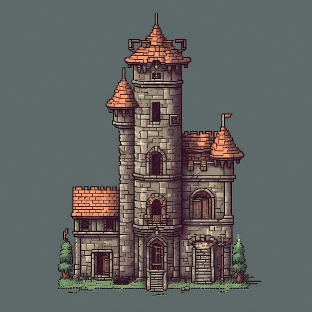 Foto pixel art di un castello con una torre e una torre.