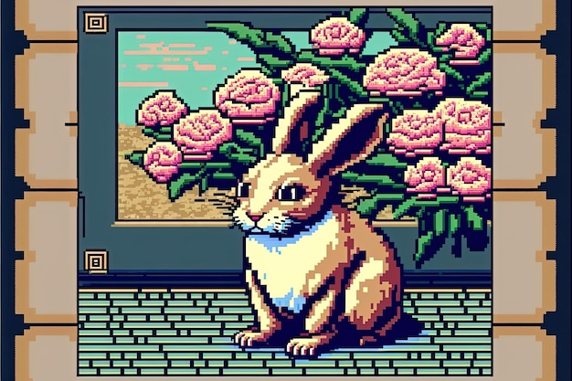 Pixel art chinese new year card with rabbit background in retro and 8bit style AI