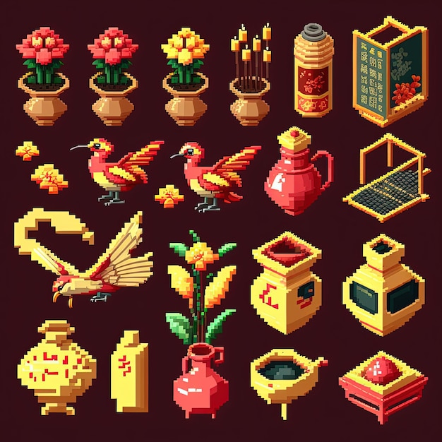 Photo pixel art chinese new year icon set collection of chinese objects items retro for 8 bit game ai