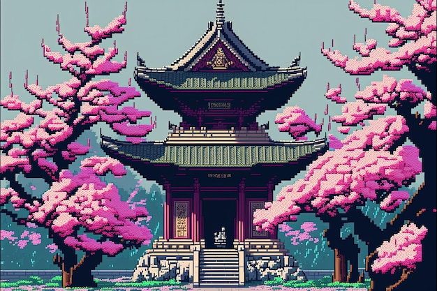 Pixel art Chinese temple and cherry trees in the mountains landscape for 8 bit game AI