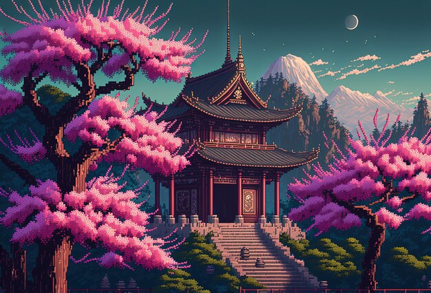 Pixel art chinese temple and cherry trees in the mountains landscape for 8 bit game ai