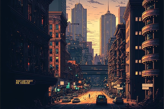 Pixel art city landscape with buildings houses streets background in retro style for 8 bit game