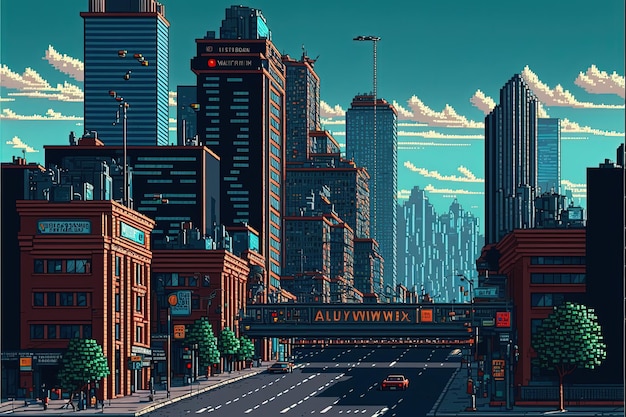 Pixel art city landscape with buildings houses streets background in retro style for 8 bit game