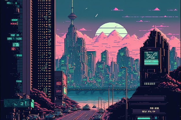 Premium AI Image | Pixel art city in vaporwave style background in ...