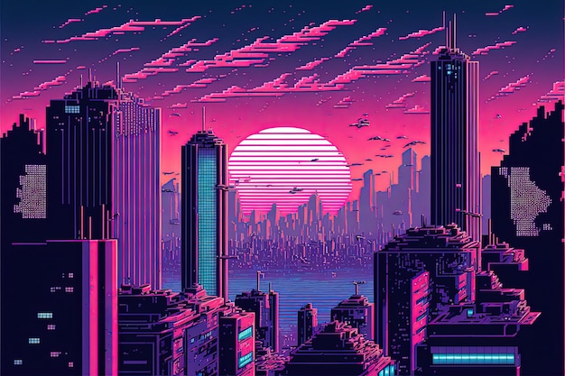 Pixel art city in vaporwave style background in retro style for 8 bit game Generative AI