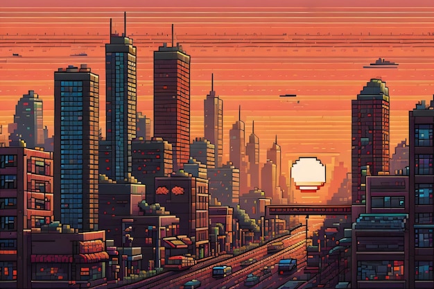 Photo pixel art of a city with a sun in the sky