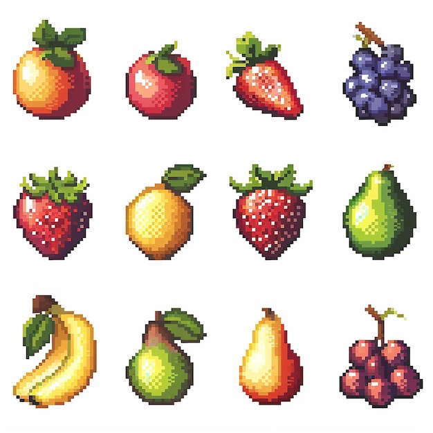 Photo pixel art collection of fruits including apples strawberries grapes and bananas the fruits are arranged in a grid pattern with each fruit occupying a different space concept of abundance and variety