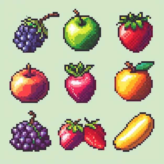 Pixel art collection of fruits including apples strawberries grapes and bananas The fruits are arranged in a grid pattern with each fruit occupying a different space Concept of abundance and variety