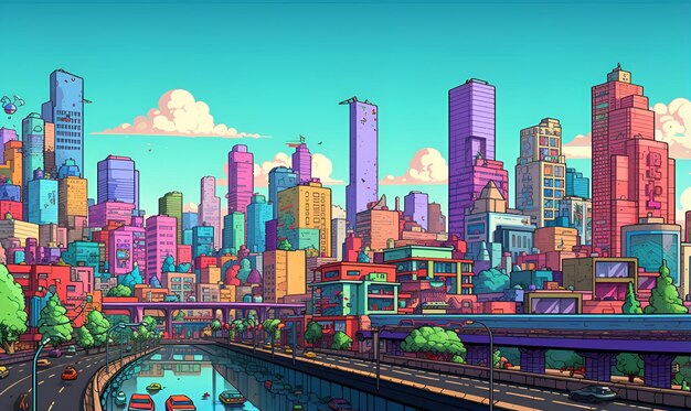 Pixel art of colorful city building ai generative design