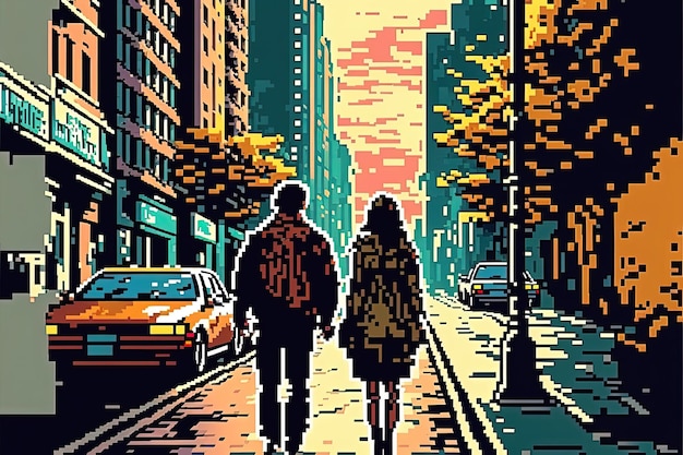 Pixel art couple walking hand in hand in street valentine's day background for 8 bit game AI