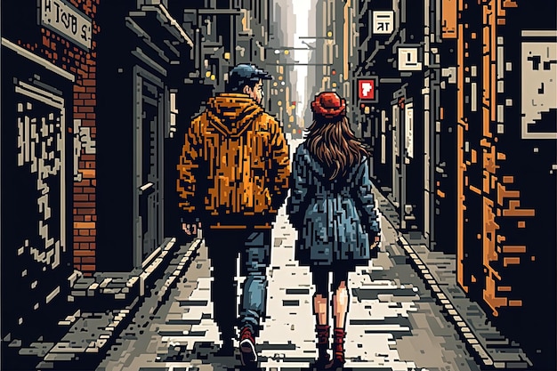 Pixel art couple walking hand in hand in street valentine's day background for 8 bit game AI