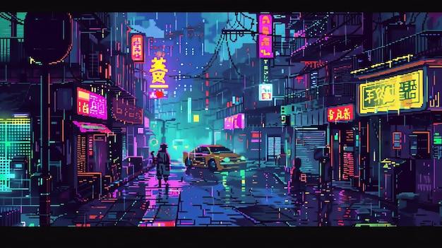 Pixel art depicting a cyberpunk city street at night with